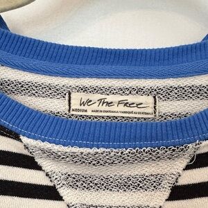 We The Free Freepeople Black and White Striped Top with Blue Trim